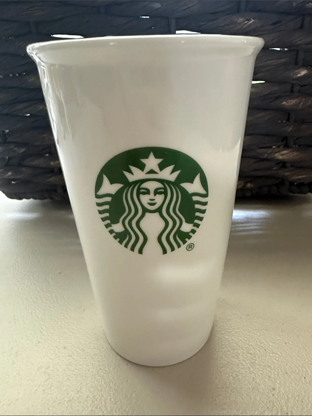 Starbucks White Ceramic Cup with Green Siren Logo & lid - 10 ounces